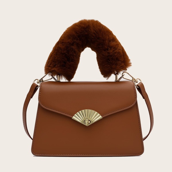 

Fluffy Handle Flap Satchel Bag, Brown