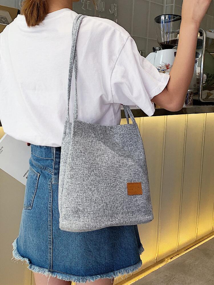 字母貼布單肩托特包 - 灰色 - 查看 2