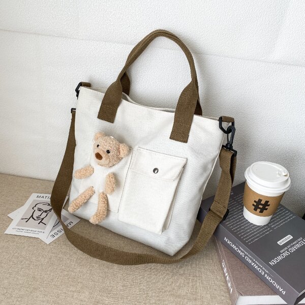 

Doll Decor Pocket Front Tote Bag, White