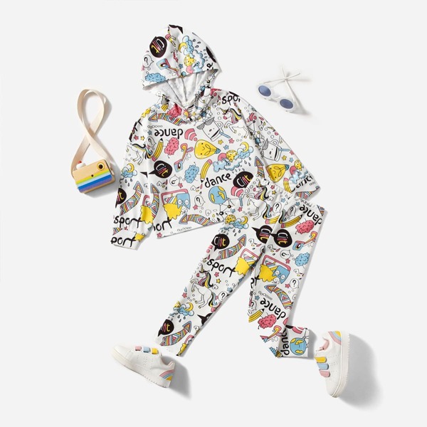 

Toddler Girls Letter & Cartoon Graphic Hoodie & Leggings Set, Multicolor