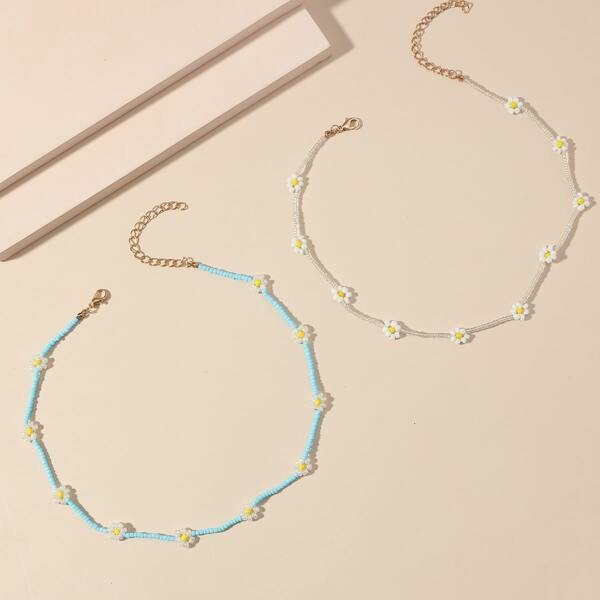 

2pcs Beaded Flower Decor Necklace, Multicolor