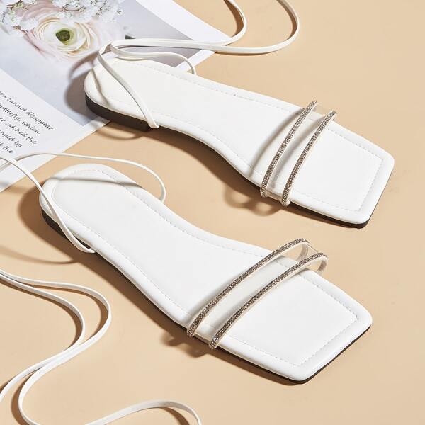 

Rhinestone Decor Flat Gladiator Sandals, White