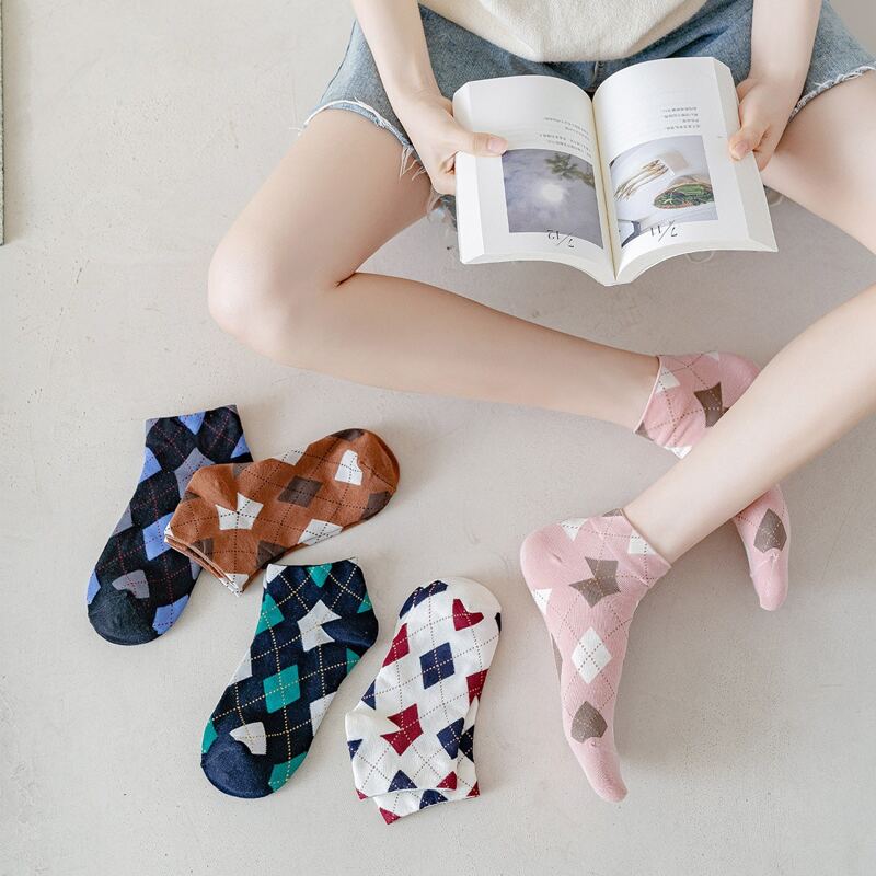 

5pairs Plaid Print Ankle Socks, Multicolor