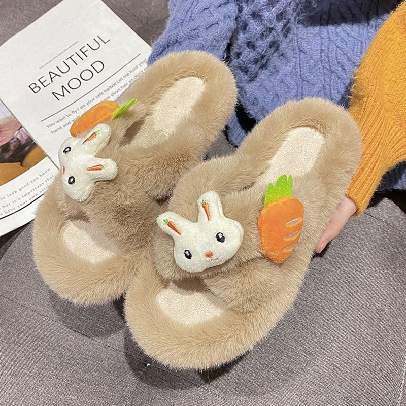 

Rabbit Decor Fluffy Slippers, Coffee brown