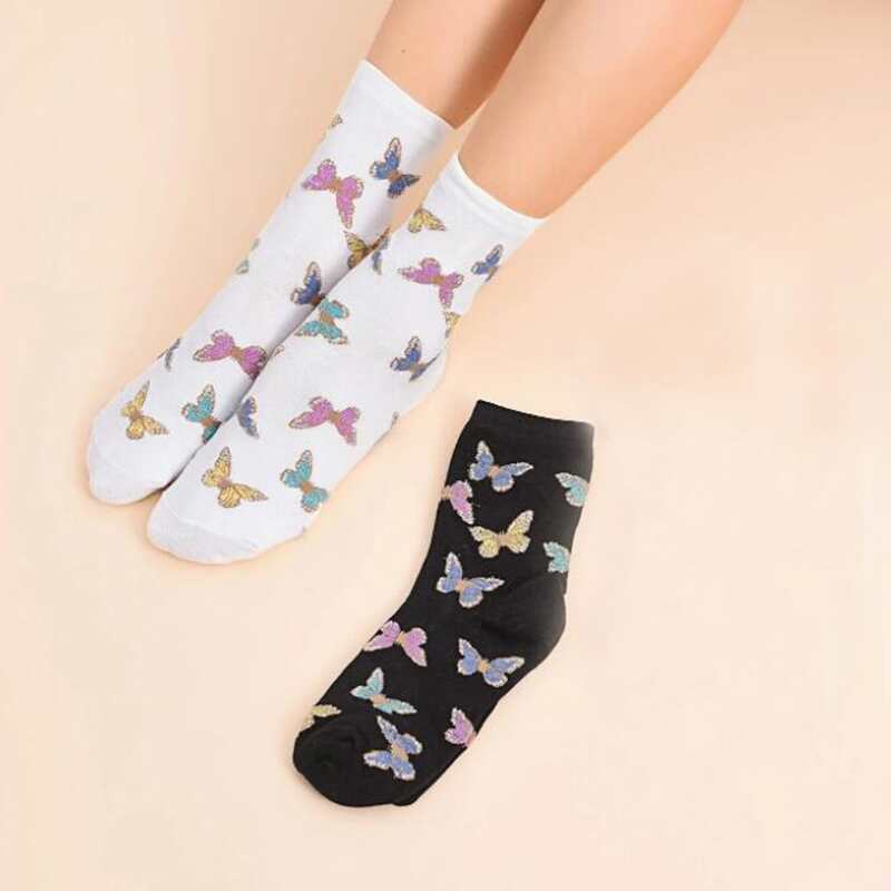 

2pairs Butterfly Print Crew Socks, Multicolor