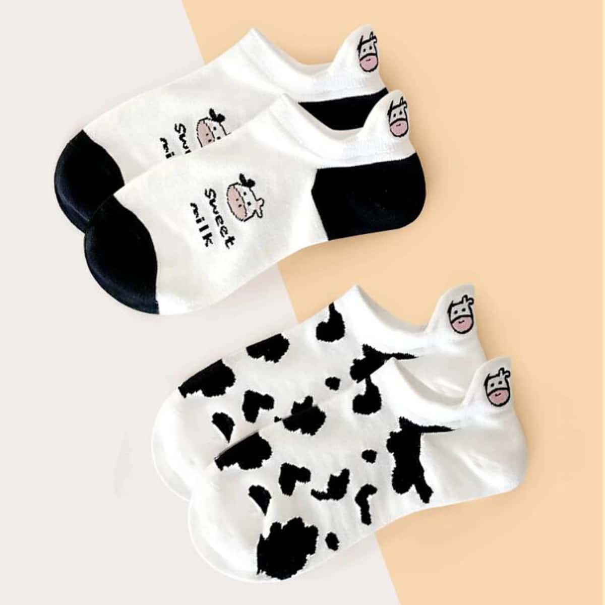 

2pairs Cow Print Ankle Socks, Black and white