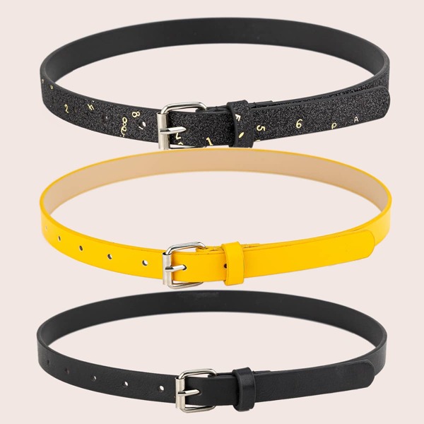 

3pcs Girls PU Buckle Belt With Hole Punch, Multicolor