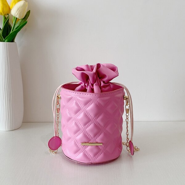 

Girls Metal Decor Quilted Pattern Drawstring Design Bucket Bag, Pink