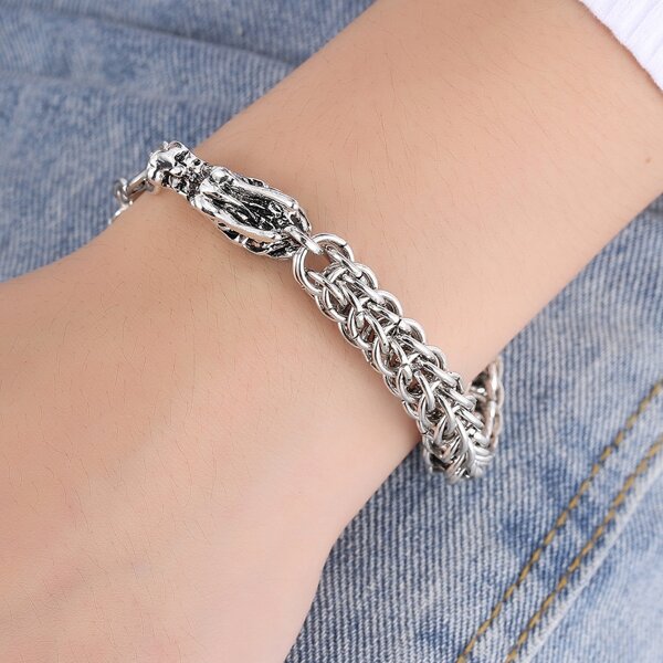

Men Dragon Head Decor Bracelet, Silver