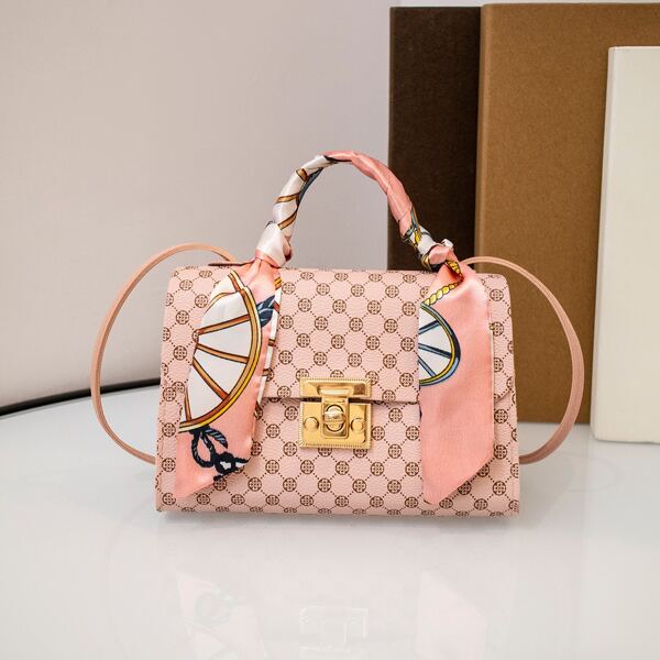 

Twilly Scarf Decor Turn-lock Satchel Bag, Pink