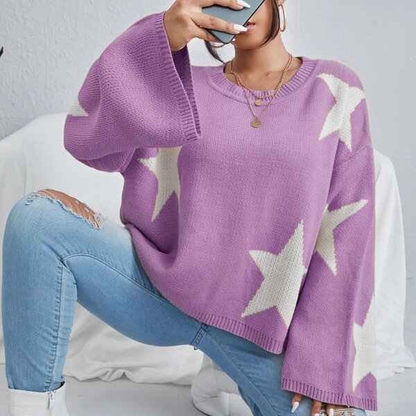 

Plus Star Pattern Drop Shoulder Sweater, Lilac purple