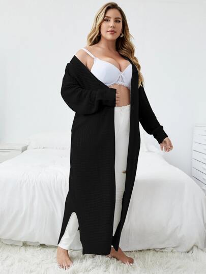 SHEIN LUNE Plus Drop Shoulder Open Front Split Hem Cardigan, For Winter Fall Cloth For Women
