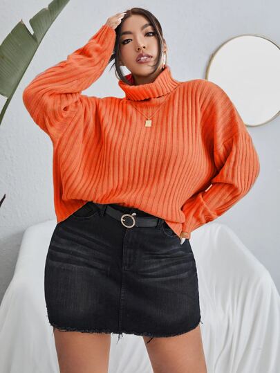 Flirla Plus Turtleneck Drop Shoulder Sweater, For Winter Knit Pullover Fall