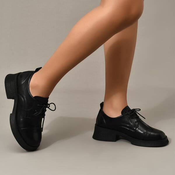 

Minimalist Lace-up Front Chunky Heeled Oxfords Shoes, Black