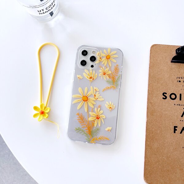 

Flower Painted Phone Case With Lanyard, Multicolor