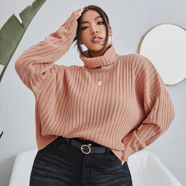 

Plus Turtleneck Drop Shoulder Sweater, Dusty pink