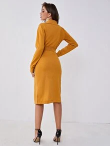 Sollinarry Lapel Neck Half Button Tulip Hem Jumper Dress - Mustard Yellow - View 2