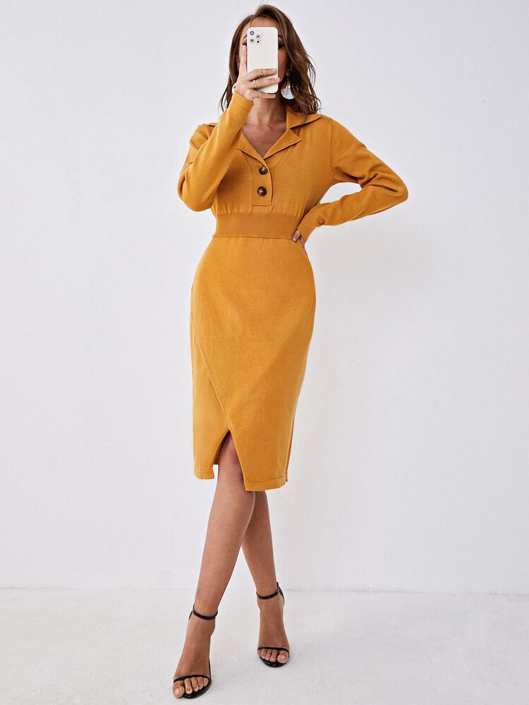 Sollinarry Vestido de punto de cuello con solapa con botón bajo tulipán - Mostaza Amarilla - Añade 4