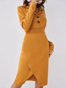 Sollinarry Lapel Neck Half Button Tulip Hem Jumper Dress - Mustard Yellow - View 7
