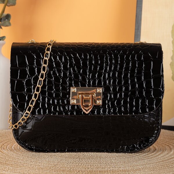 

Croc Embossed Chain Flap Square Bag, Black