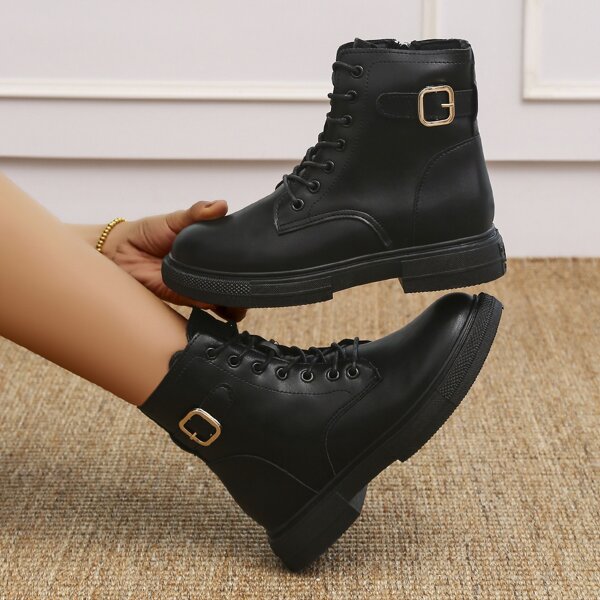

Minimalist Buckle Decor Lace-up Front Boots, Black