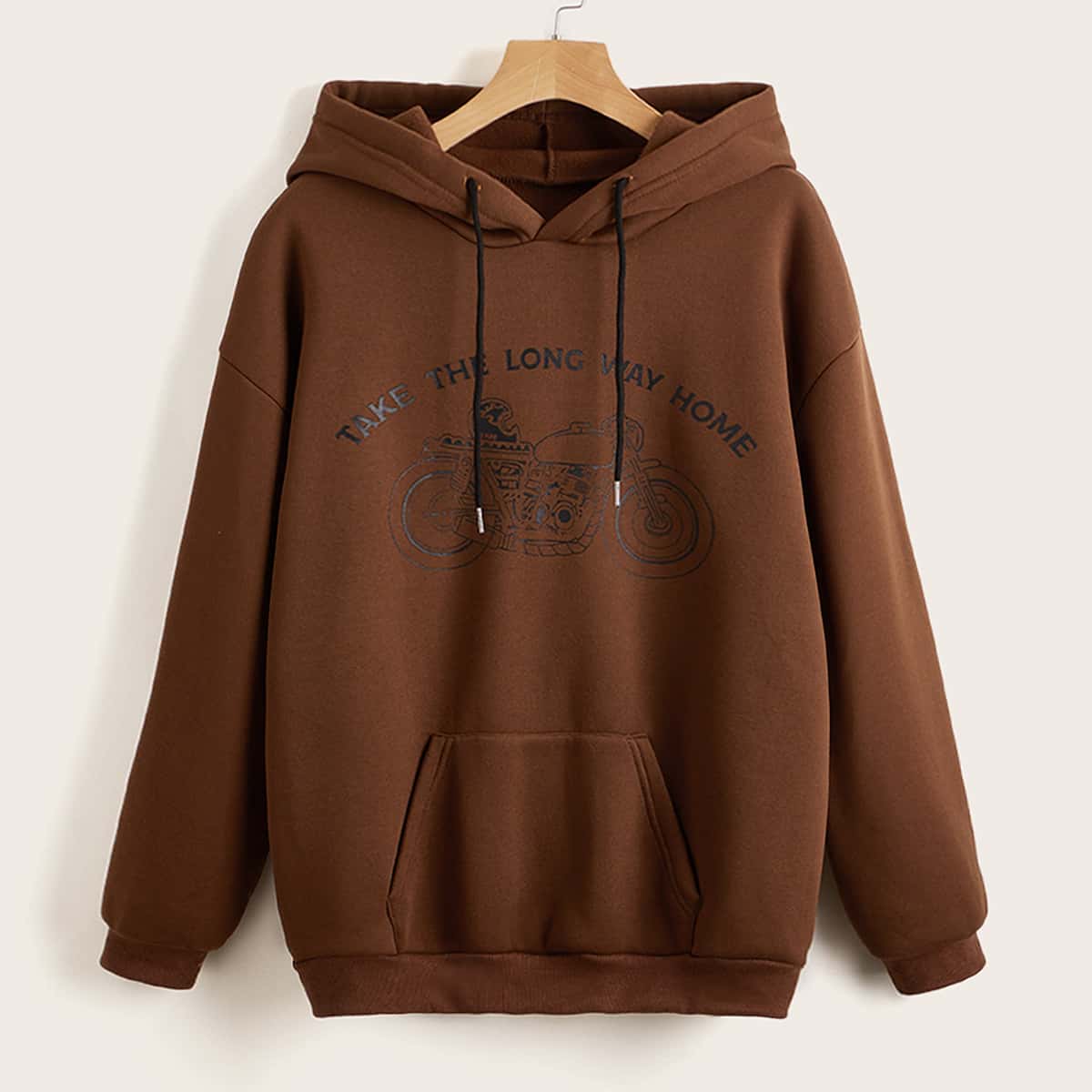 

Letter Motorcycle Graphic Kangaroo Pocket Drawstring Hoodie, Coffee brown