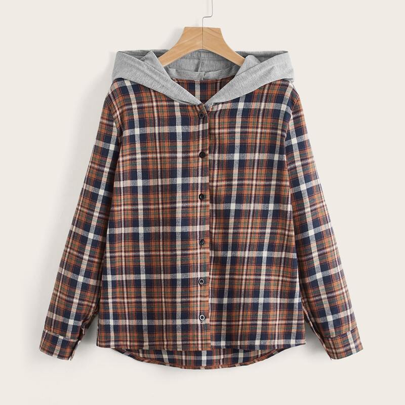 

Plaid Button Front Hooded Blouse, Multicolor