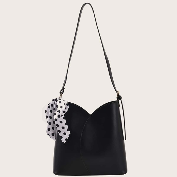 

Polka Dot Scarf Decor Bucket Bag, Black