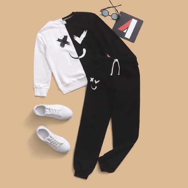 

Boys Cartoon Graphic Two Tone Pullover & Sweatpants, Black and white