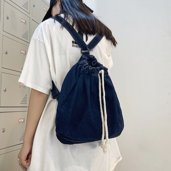 

Denim Minimalist Drawstring Bag, Navy blue