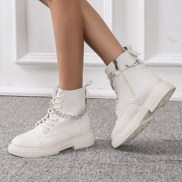 

Chain Decor Side Zipper Lace-up Front Boots, Beige