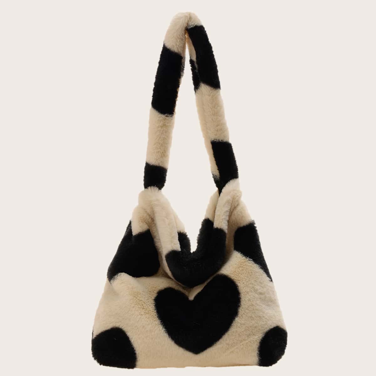 

Heart Graphic Fluffy Shoulder Bag, Black and white