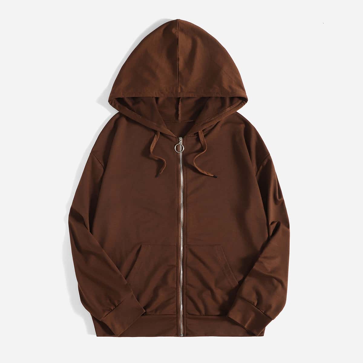

Solid Zip Up Pocket Drawstring Hoodie, Coffee brown