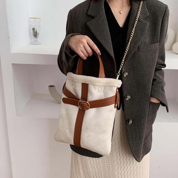 

Buckle Decor Fluffy Chain Tote Bag, White