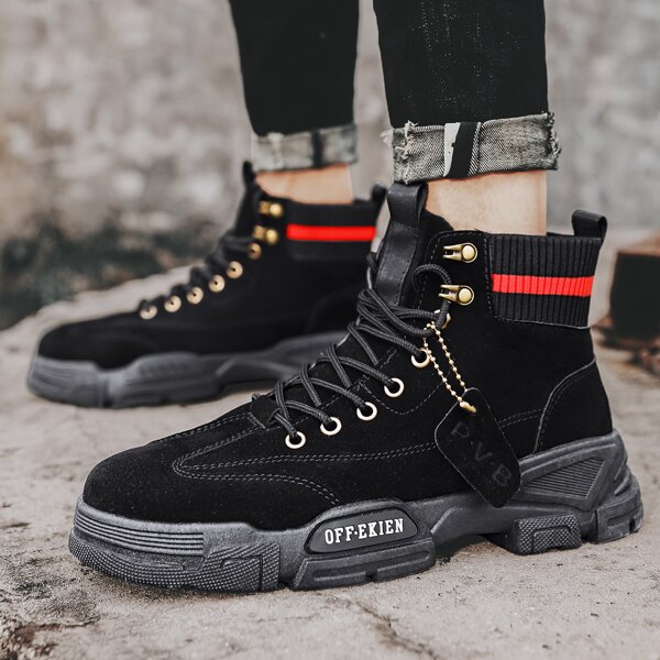 

Men Striped Lace-up Boots, Black