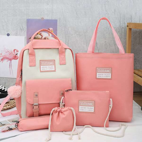 

5pcs Colorblock Large Capacity Backpack Set, Pink
