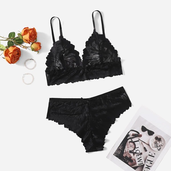 

Plus Lace Bow Decor Lingerie Set, Black