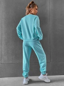 SHEIN Unity 素色落肩袖運動衫和衛褲 - 薄荷藍 - 查看 2