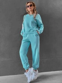 SHEIN Unity 素色落肩袖運動衫和衛褲 - 薄荷藍 - 查看 3