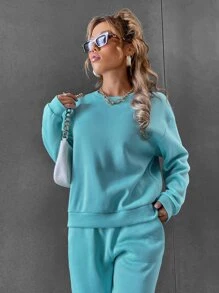 SHEIN Unity 素色落肩袖運動衫和衛褲 - 薄荷藍 - 查看 6