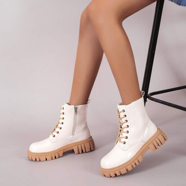 

Two Tone Lace-up Combat Boots, Beige