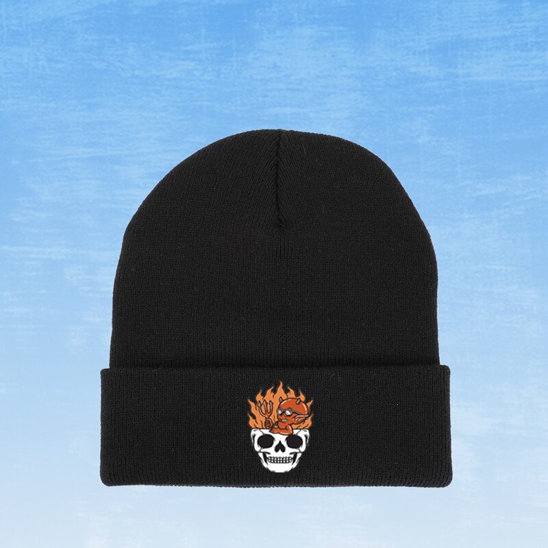 

Skull Print Knit Beanie, Black