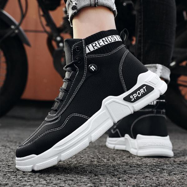 

Men Letter Graphic Lace-up Front Boots, Black and white