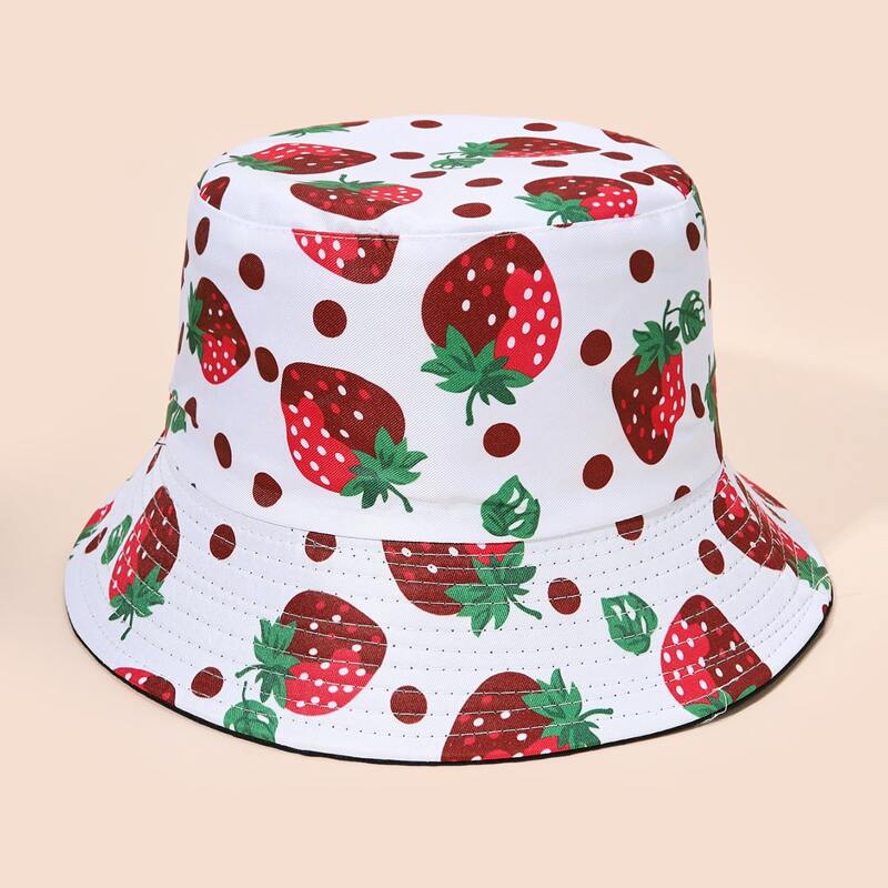 

Strawberry Print Reversible Bucket Hat, White