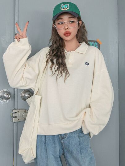 DAZY Polo Neck Letter Embroidery Drop Shoulder Sweatshirt,Fall Clothes