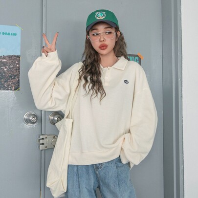 폴로 넥 레터 자수 드롭 숄더 스웨트셔츠, 가을 의류