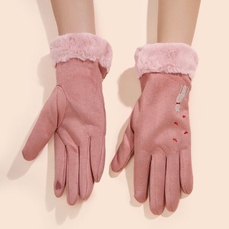 

Cat Embroidery Fluffy Trim Gloves, Pink