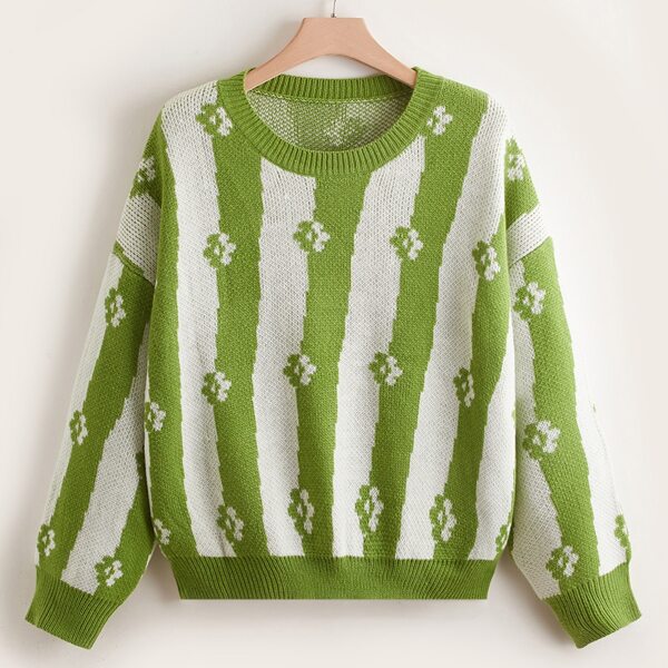 

Plus Floral Pattern Striped Sweater, Multicolor