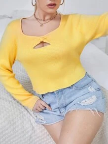 Plus Ribbed Knit Cut Out Jumper - Yellow - View 1