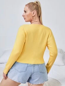 Plus Ribbed Knit Cut Out Jumper - Yellow - View 2